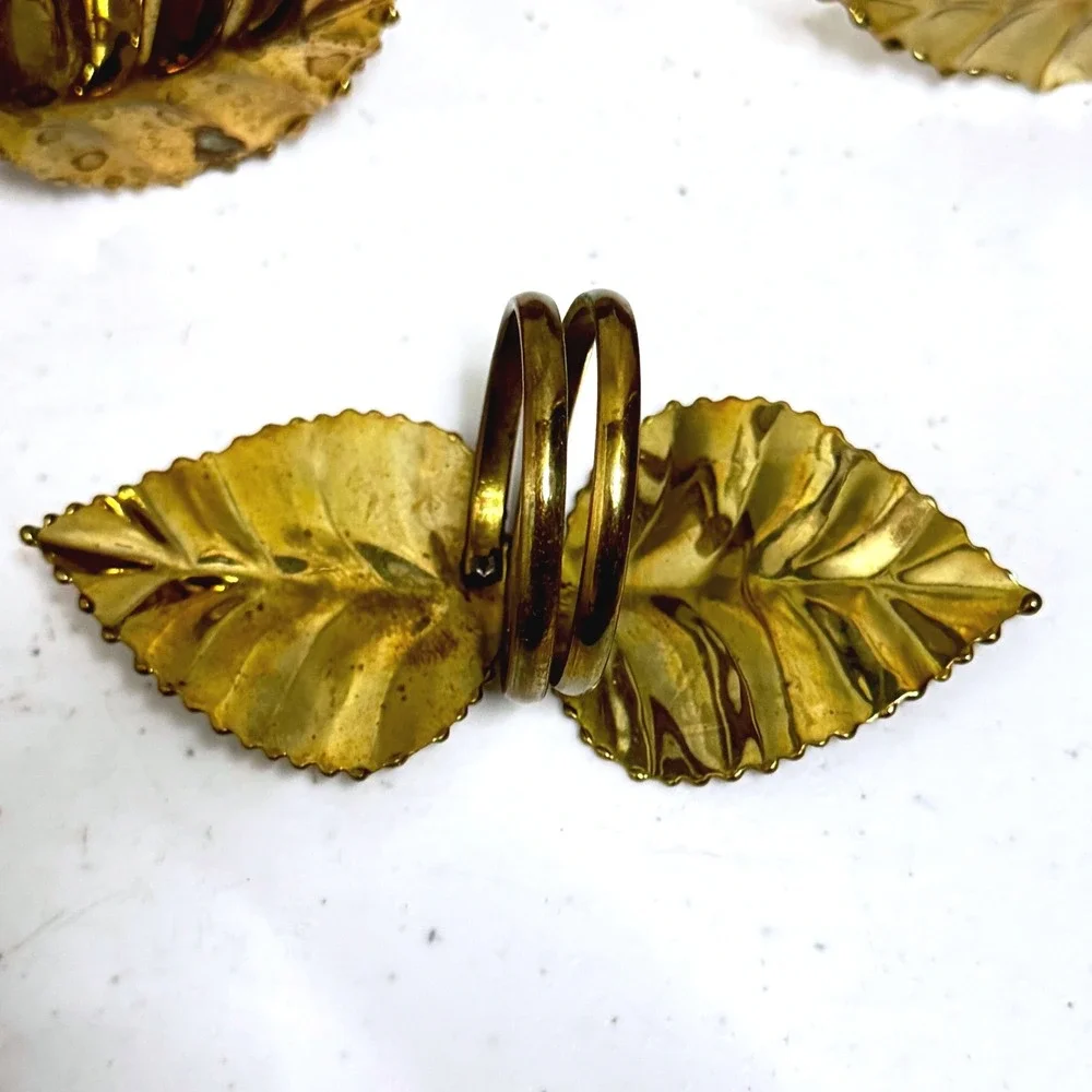 Napkin Ring Set Double Leaf Vintage Style Brass Tone Set of 5
